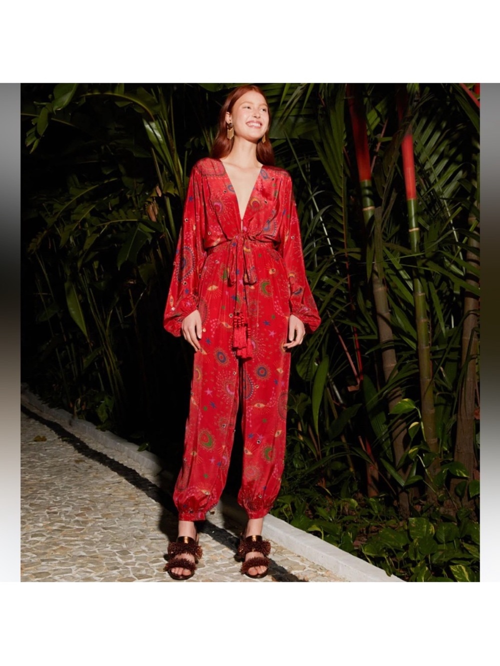 FARM Rio Red Mystic Night Embellished Jumpsuit Small NWT